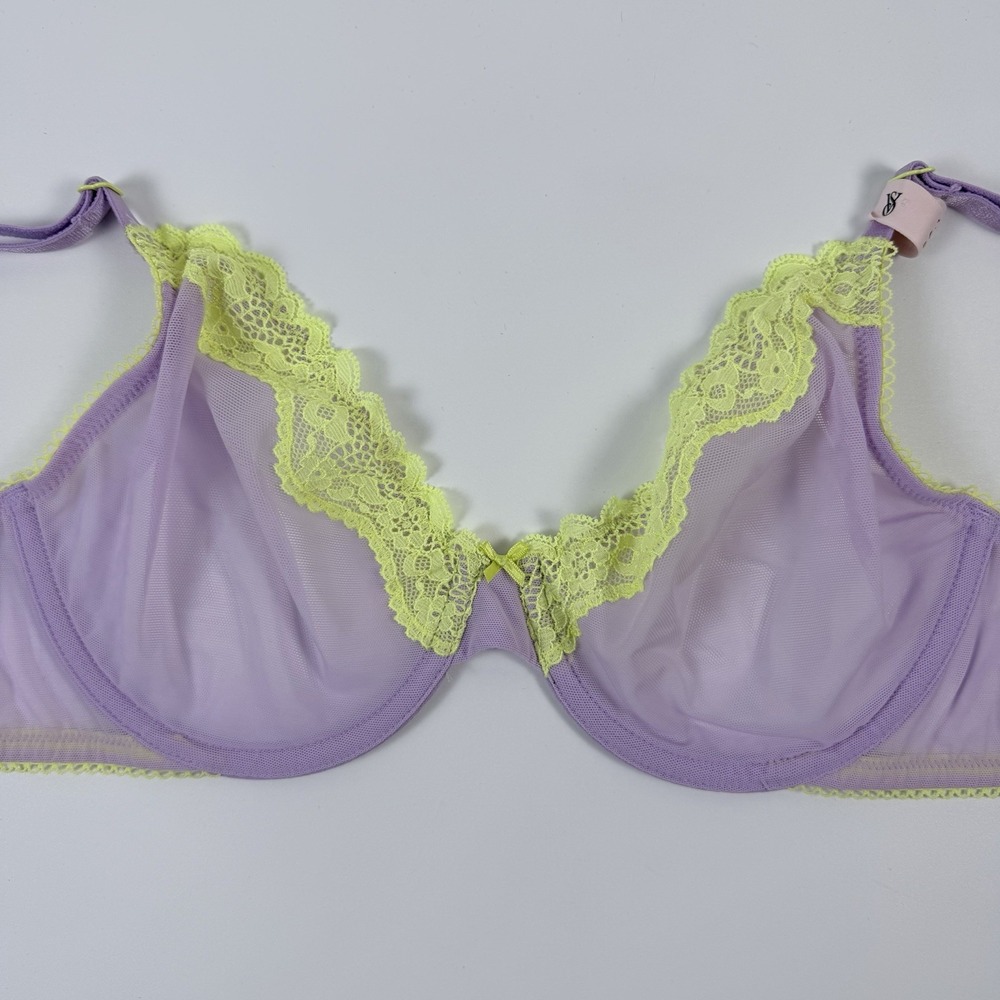 Victoria's Secret Tease Unlined Demi Bra Purple Sheer Mesh Green Lace 36B NWT